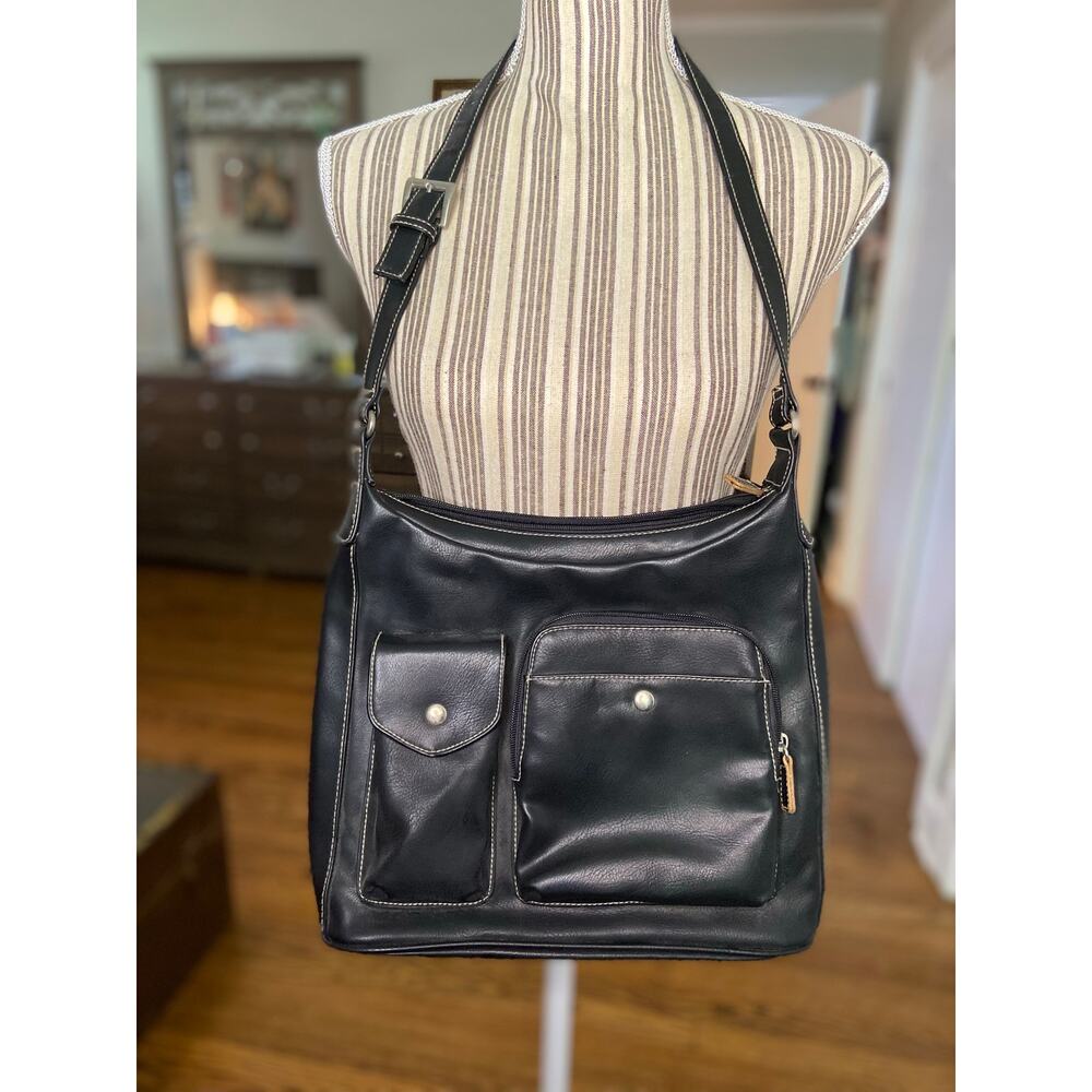 Black faux leather organizer shoulder bag